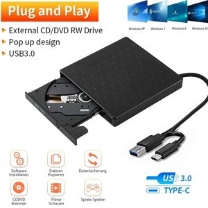 외부 DVD RW 드라이브 USB3.0 및 유형 C 슬림 CD 라이터 버너 리더 플레이어 노트북 PC 용 광학 드라이브 DVD 버너 DVD Portatil