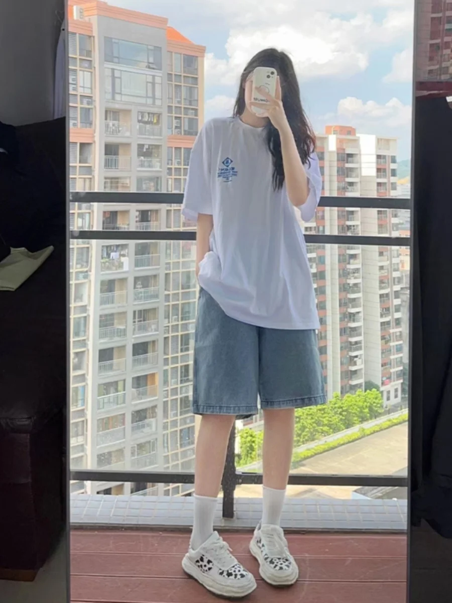 슬리밍 A 라인 데님 반바지 여성 여름 하이 웨이스트 지퍼 플라이 5부 길이 와이드 레그 중학생을 위한 시원한 느낌의 청바지