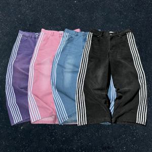 고딕 남성 헐렁한 청바지 Y2K 레트로 10 줄무늬 고품질 남여 streetwear 트렌디 한 하이 스트리트 캐주얼 스트레이트 데님 바지