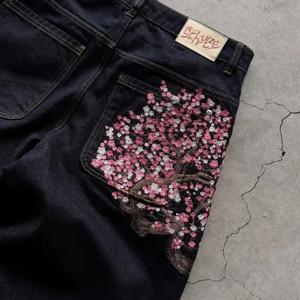 Y2K 헐렁한 청바지 벚꽃 셀비지 자수 데님 바지 남성 여성 데님 원단 미국 힙합 streetwear 와이드 레그 청바지