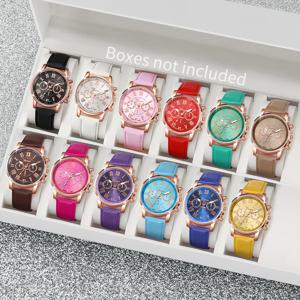 12PCS 패션 여성 시계 캐주얼 로마 다이얼 가죽 밴드 쿼츠 시계 Reloj Mujer Relogio Feminino(상자 제외)