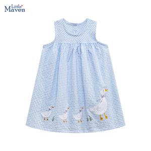 Little Maven 2024 아동복 여름 격자 드레스 아기 소녀 옷 만화 오리 드레스 아동 의류 Vestidos Cotton