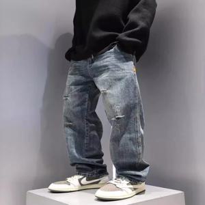새로운 남성 찢어진 청바지 헐렁한 스트레이트 패션 빈티지 블루 데님 바지 성격 streetwear 힙합 고품질 남성 바지