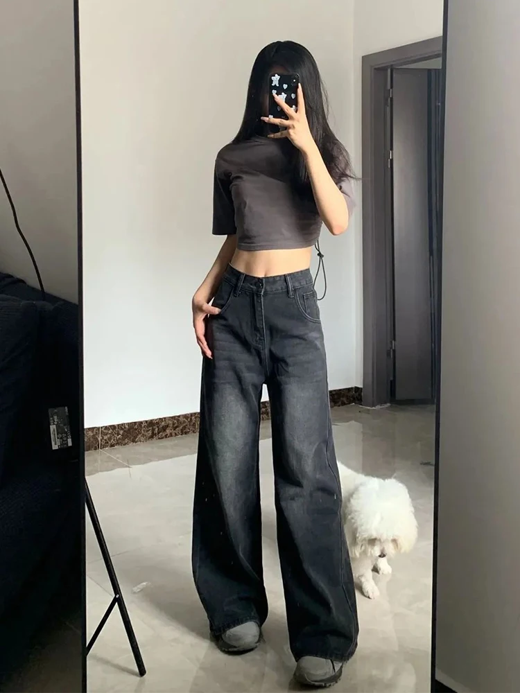 한국어 빈티지 하이 웨스트 여성 청바지 Y2K 슬리밍 배 모양의 느슨한 스트레이트 벨 바닥 블랙 그레이 헐렁한 데님 바지
