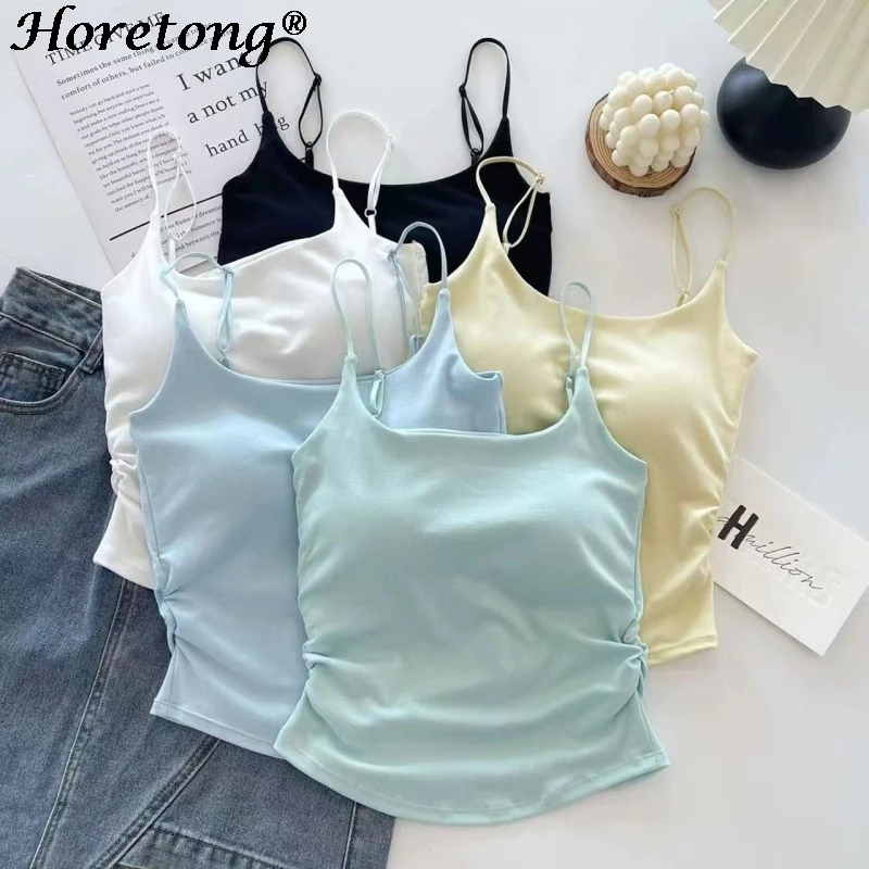 Horetong Women Pleated Camisole with Chest Cushion 2025 봄 여름 조절 가능한 민소매 탑 섹시한 스위트 슬림 탄성 Camis