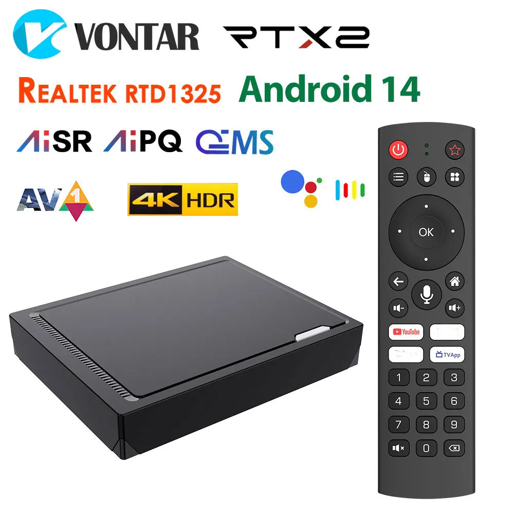 RT-X2 안드로이드 14 TV 박스 4GB 32GB 64GB Realtek1325 지원 AI-PQ AI-SR 1000M 2T2R Wifi5 BT 미디어 플레이어 셋톱 박스
