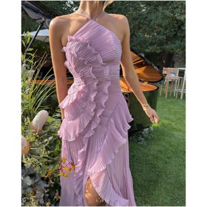 Cathy 맞춤형 보라색 홀터넥 넥 플리츠 댄스 파티 드레스 사이드 스플릿 민소매 vestidos de noiva 발목 길이 이브닝 드레스 2025