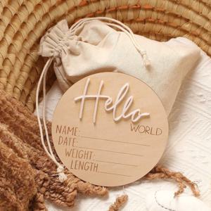 Ylsteed Hello World 신생아용 나무 사인, 병원 아기 이름 발표 사인, 신생아 유품 소품