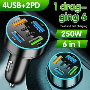 250W 5 포트 차량용 충전기 빠른 충전 PD QC3.0 USB C 차량용 전화 충전기 어댑터 (iPhone 용 전압 포함) Samsung Huawei Xiaomi