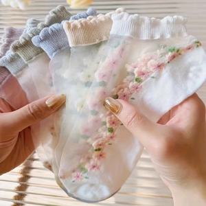 꽃무늬 유리 실크 여성 양말 봄 여름 얇은 크리스탈 보트 양말 7켤레