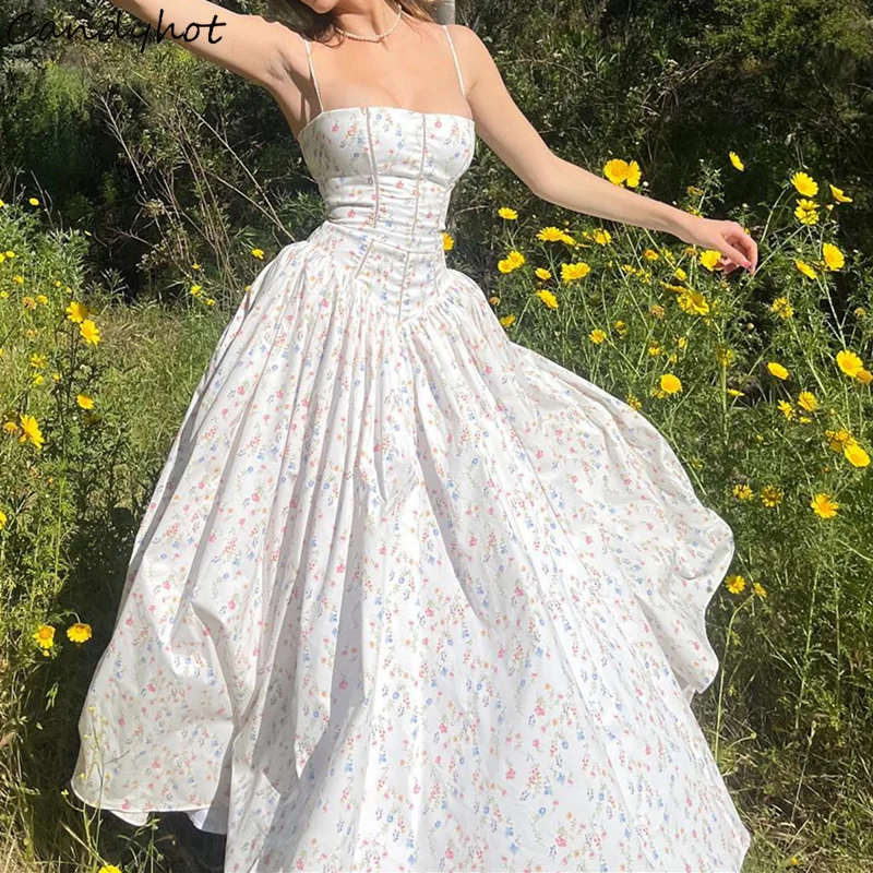 Candyhot 우아한 슬림 Pleated 인쇄 민소매 맥시 드레스 미적 오프 어깨 스파게티 스트랩 드레스 여성 파티 Vestidos