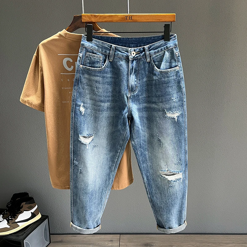 찢어진 청바지 남성 새로운 성격 패션 빈티지 블루 streetwear 헐렁한 데님 바지 캐주얼 테이퍼 홀 닳은 바지 남성