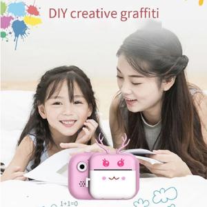 어린이 디지털 카메라 1080P HD 인스턴트 인쇄 카메라 귀여운 만화 뿔 열 감지 인쇄 카메라 장난감 + 32G 메모리 카드 선물