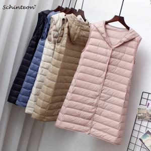 Schinteon 여성용 초경량 다운 긴 조끼, 후드 캐주얼 슬림 조끼, 90% 화이트 덕 다운 질렛, 새로운 2024 패션, 핫 세일