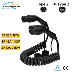 IEC62196 유형 2 - 유형 2 EV 충전 케이블 나선형 16A/32A 7KW 11KW 22KW 5M 확장 전기 자동차 코일 휴대용 케이블