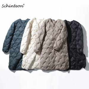 Schinteon 여성용 초경량 화이트 덕 다운 롱 재킷, 아가일 V넥 칼라, 캐주얼 외투, 가을 겨울, 2023, 새로운 패션