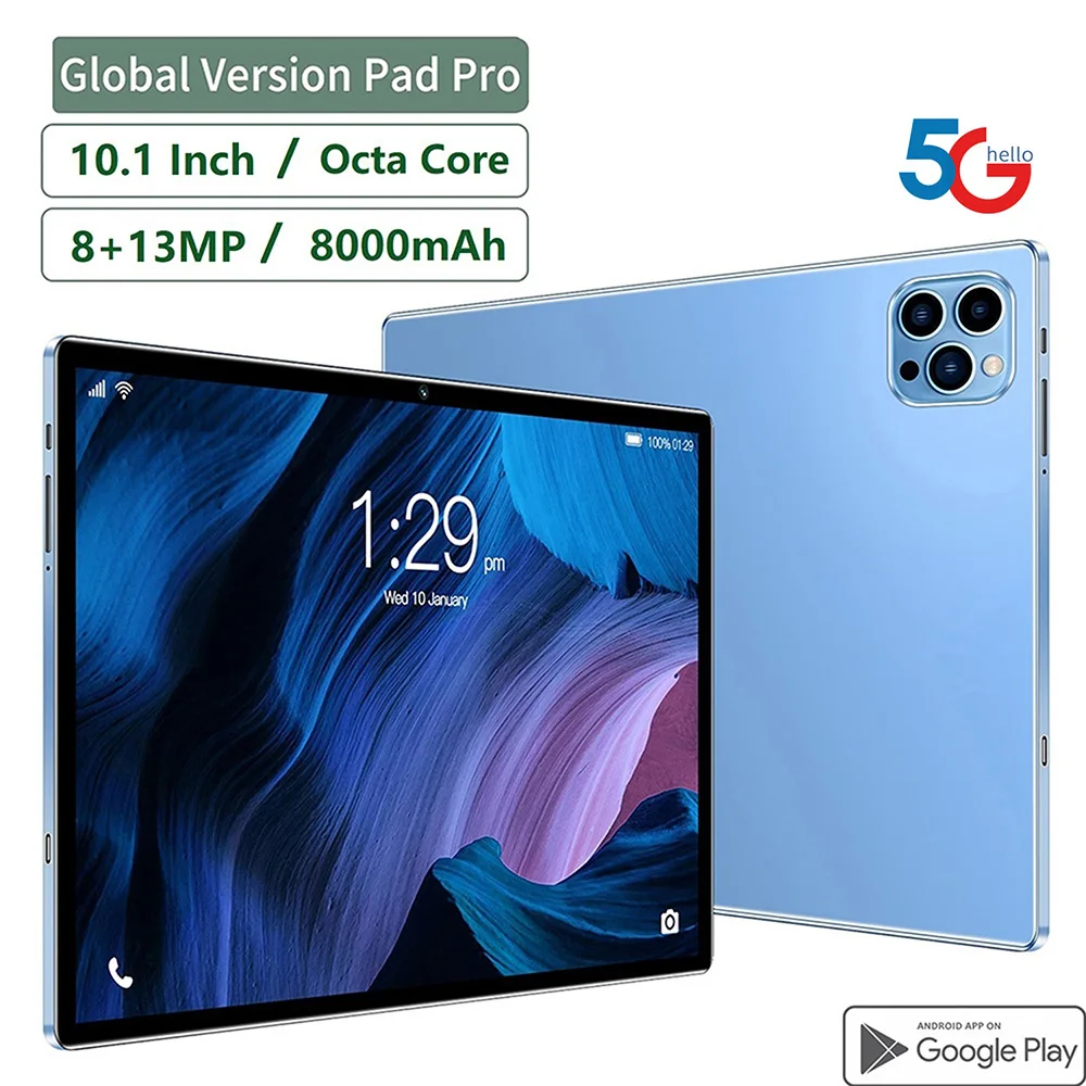 새로운 5G 패드 10.1 인치 안드로이드 태블릿 옥타 코어 8GB RAM 512GB ROM 4G LTE 5G WiFi 태블릿 Pc 더블 SIM 카드 HD 디스플레이 8000mAh