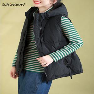 Schinteon 여성 90% 화이트 오리 다운 조끼 후드 가을 겨울 오버 사이즈 캐주얼 민소매 자켓 탑 Fashionable Gilet 2025