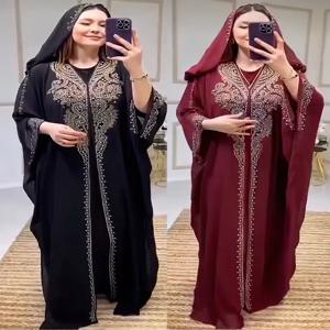 여성을위한 Eid 이슬람 드레스 후드 Abaya 2 조각 세트 다이아몬드 Jalabiya 모로코 파티 드레스 두바이 Abayas Kaftan Vestido Long Robe