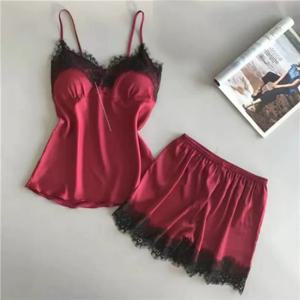 여성용 홀터 잠옷, 캐미솔 및 반바지, 홈 웨어, 레드 블랙 섹시 레이스, S M 통풍 편안함, 2 개