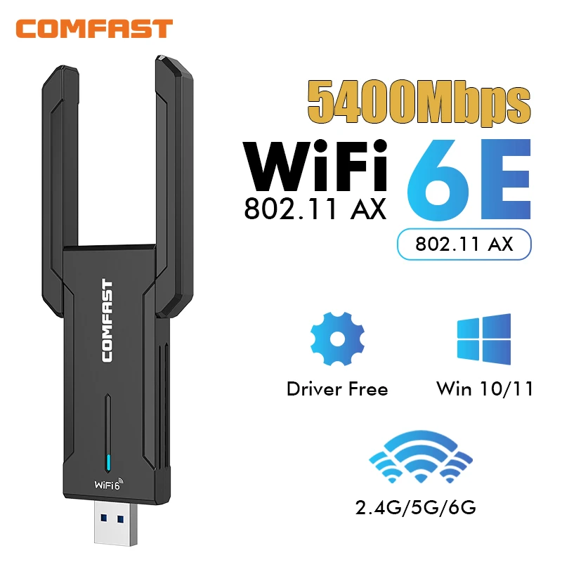 Comfast AX5400 와이파이 6E USB 어댑터 동글, 2.4G, 5G, 6GHz, USB3.0, 와이파이 6 Placa 안테나 파라 PC 네트워크 카드, 노트북용, Win10, 11