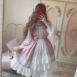 이상한 나라의 앨리스 귀여운 여성 로리타 OP 드레스 Flounce 레이스 트림 일본 하라주쿠 긴 소매 인형 하이틴 드레스 Fairy Vestidos