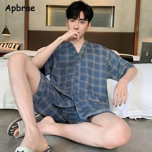 남성용 부드러운 반팔 잠옷, 플러스 사이즈 L-4XL 잠옷, 기모노, 격자 무늬 탑, 패션 홈웨어, 여름