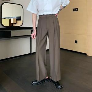 남자 정장 바지 넓은 다리 검은 Pleated 헐렁한 여름 2024 남자를위한 패션 세련된 바지 한국 스타일 옷 클래식 새로운 최대