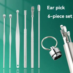 6pcs 스테인레스 스틸 귀 왁스 제거 도구 세트 나선형 회전 EarPicking 숟가락 귀 피커 스푼 청소 귀 왁스 수집