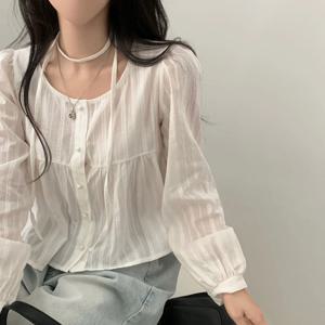 라운드 넥 셔츠 루즈핏 라운드 넥 긴팔 라운드 넥 레이스 바인딩 숏 셔츠 상의 셔츠 라운드 넥 긴팔 레이스 바인딩 숏 셔츠 상의 셔츠
