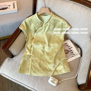 중국 스타일 레트로 자카드 셔츠 여자 대각선 버클 민소매 탑 여름 수정 Cheongsam 녹색 반팔
