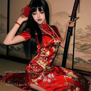 섹시한 레드 플라워 프린트 치파오 레이디 롱 치파오 새틴 베스티도, 개선된 새로운 중국 스타일 원피스, 우아한 중국 원피스 코스튬