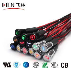 자동차 대시보드 해양 트럭 기계용 LED 표시등, 금속 표시등, 대시 파일럿 라이트, 20cm 와이어 포함, FILN 8mm, 12V