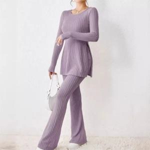 가을 겨울 여성 의류 새로운 스타일 솔리드 컬러 섹시 캐주얼 긴팔 라운드 넥 슬릿 패션 기질 투피스 세트