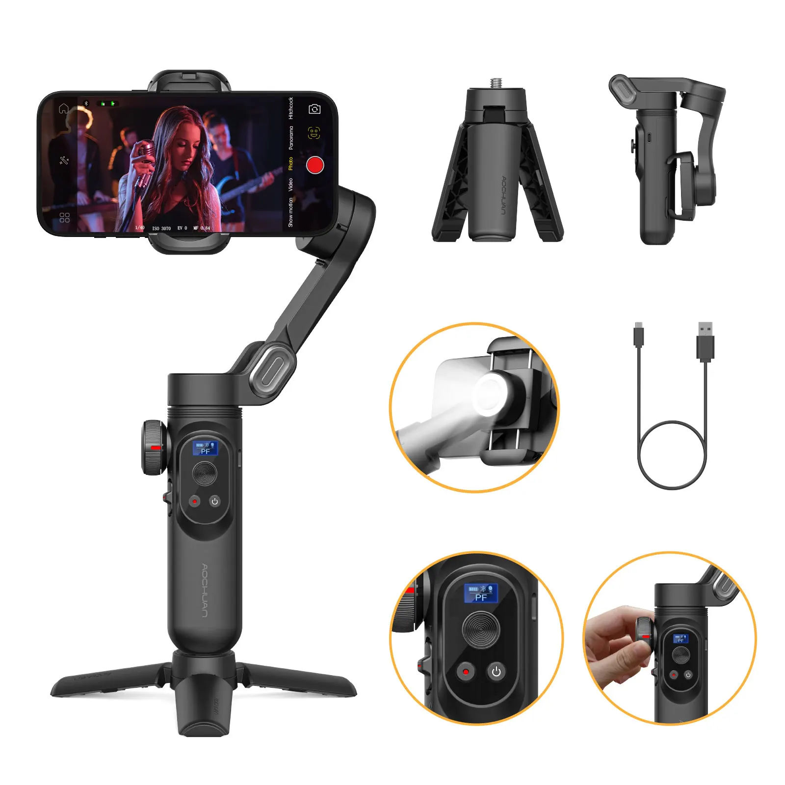 AOCHUAN Smart XPro 스마트폰 iPhone 및 Android 스마트폰용 3축 짐벌 안정기 채우기 조명 효과가 있는 비디오 촬영