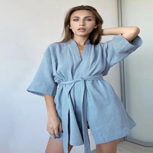Mozuleva 코튼 짧은 잠옷 가을 여성의 새로운 솔리드 컬러 반팔 잠옷 느슨한 목욕 가운 캐주얼 여성 잠옷
