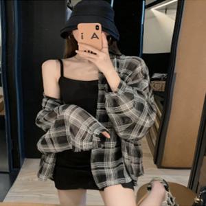 여성 긴 소매 태양 보호 셔츠 얇은 느슨한 격자 무늬 봄 여름 새로운 스타일 한국어 버전 폴로 칼라 오픈 카디건 코트