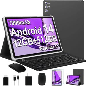 10 인치 태블릿 Pc 12GB RAM 512GB ROM 듀얼 4G 전화 통화 WiFi Google Play 안드로이드 14 태블릿 7000mAh 무료 BT 키보드 케이스 포함