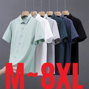 얼음 실크 셔츠 남자 짧은 소매 탑 남성 빠른 건조 멋진 클래식 빅 사이즈 5XL 6XL 7XL 8XL 대형 플러스 느슨한 여름 사회 블라우스