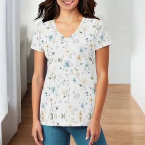 Womens Ditsy 플로랄 패턴 T 셔츠 반팔 여름 탑 귀여운 V 넥 캐주얼 플라워 프린트 티셔츠 블라우스 S-3XL