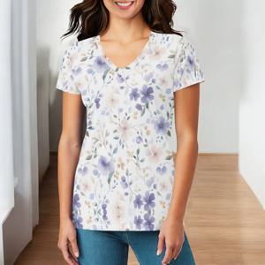 Womens Trendy Dressy Ditsy 꽃 그래픽 여름 탑 V 넥 반소매 셔츠 캐주얼 휴가 복장 프린트 티셔츠 S-3XL