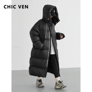 CHIC VEN 여성용 다운 코트 한국 루즈 후드 두꺼운 따뜻한 롱 다운 재킷 여성용 겨울 코트 여성 파카 겉옷 2024