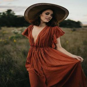 Boho 출산 사진 소품 드레스 버튼 장식 임신 사진 촬영 보헤미안 베이비 샤워 롱 드레스 프론트 슬릿