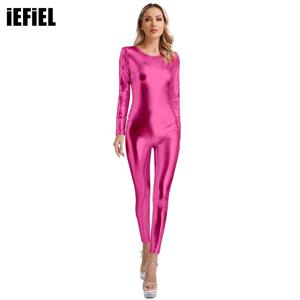 Womens Metallic 원피스 Clubwear Shiny Dancewear 라운드 넥 긴 소매 슬림 피트 전신 바디 슈트 축제 의상