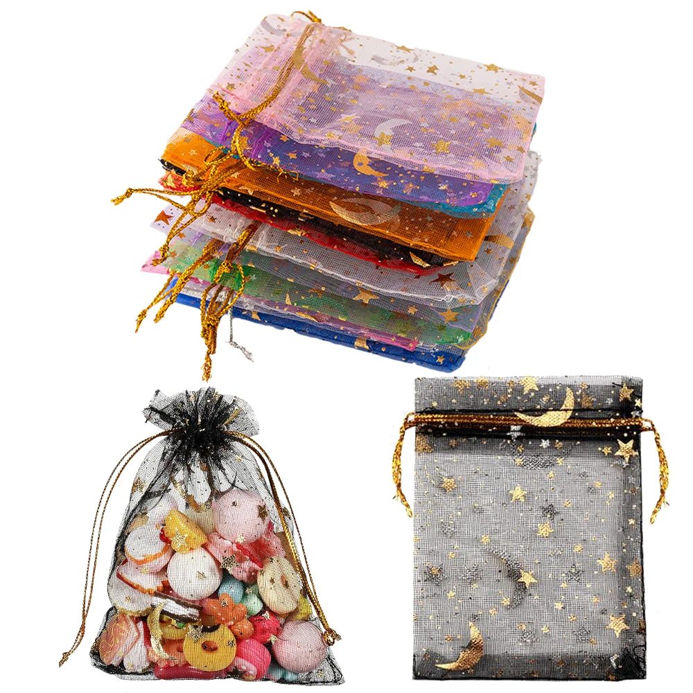 50pcs 혼합 색상 문 스타 Organza 가방 보석 캔디 주머니 Drawstring 중소 기업 파티 호의 포장 용품