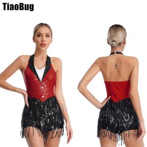 Womens Tassel 재즈 라틴 댄스 레오타드 공연 의상 홀터넥 백 레스 스파클리 스팽글 프린지 점프 슈트 민소매 댄스웨어