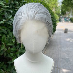 슬리버 그레이 짧은 밥 컷 합성 레이스 프론트 가발 여성용 코스프레 가발 남성용 라이트 그레이 글루리스 13x4 레이스 프론트 가발