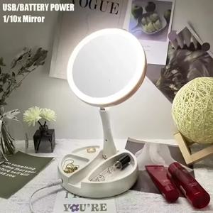1X 10x 돋보기 화장대 거울 LED 조명 유연한 접이식 책상 메이크업 거울 조명 드레싱 메이크업 램프