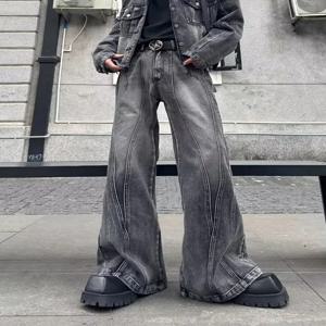 2025 Trashy Y2K streetwear 씻어 회색 헐렁한 쌓인 플레어 청바지 바지 남성 90s 빈티지 의류 힙합 럭셔리 남성 긴 바지