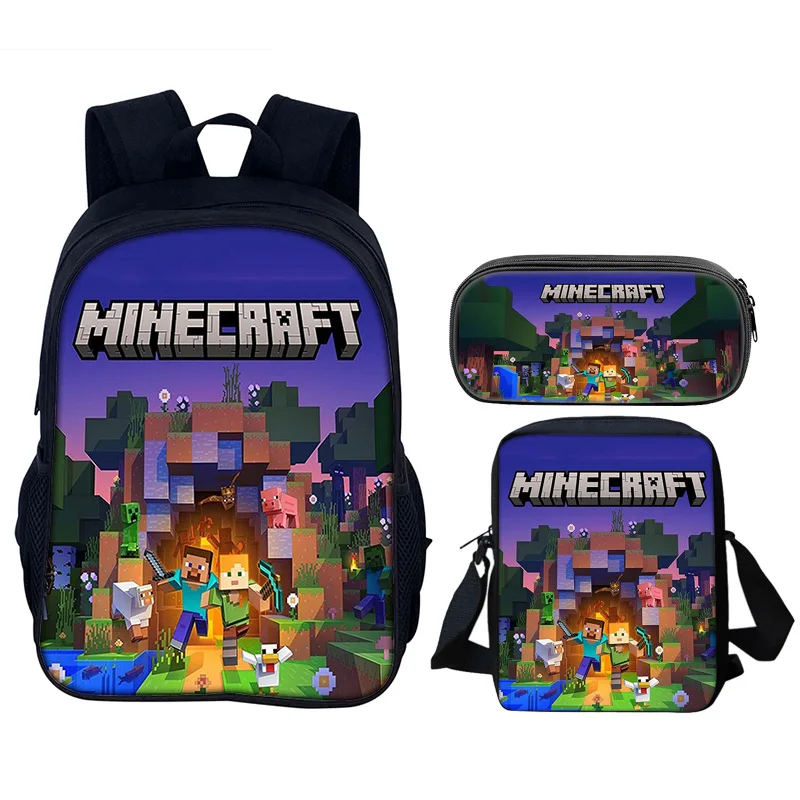 학생을위한 만화 Bookbag, 어린이 광산 공예 학교 배낭 + 연필 케이스 + 어깨 가방 3Pcs 세트-어린이 경량 일일 배낭